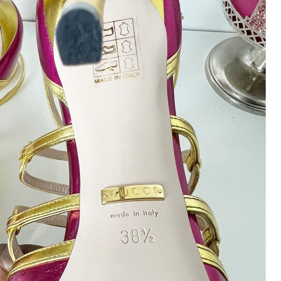 Gucci Tiger Head Metallic Pink Gold Leather Strappy Heels 8.5 NWB Made in Italy - Picture 9 of 16